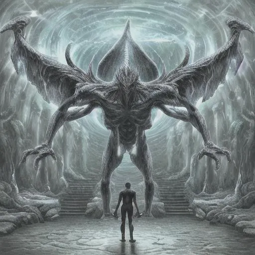 Prompt: A Nephilim steps with his feet trough a portal to another world.  Photorealistic. Hyperrealistic