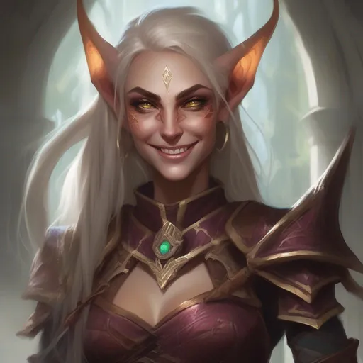 Prompt: d&d eladrin arcane trickster, mad toothy grin, heroic, brightly glowing eyes, badass, magic AF, creepy, chaotic, dangerous, hi res, lucky, femme, leather armor, gorgeous, long elf ears, unhinged