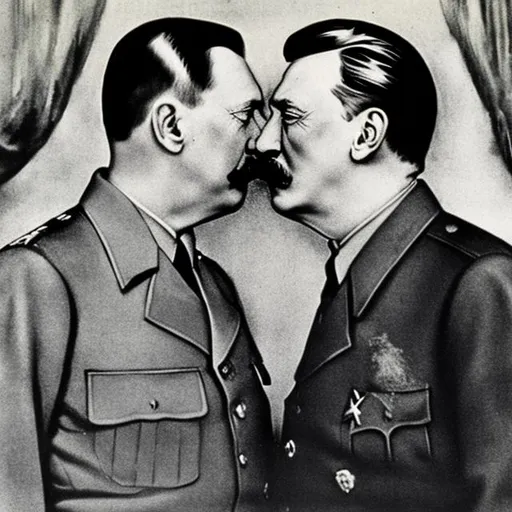 Prompt: hitler kissing stalin, detailed art, taken from old camera, blood stains