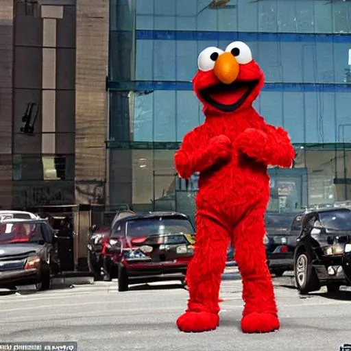 Prompt: elmo as a wanted gang leader holding a money bag and outside of a bank