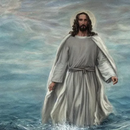 Prompt: Jesus with halo walks on water