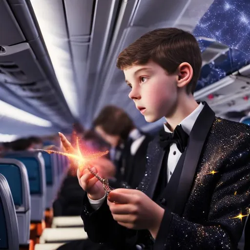 Prompt: 16 year old boy in a tuxedo standing in the aisle of an airplane casting a sparkly magic spell on an airplane seat with his magic wand
