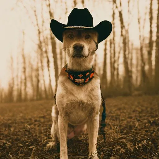 Prompt: A friendly dog with a star-shaped collar and a bandana, wearing a cowboy hat and boots, carrying a rope and a saddle