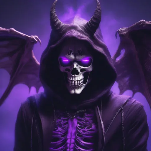 Prompt: demon with a mask, skeleton wings, violet hood on,