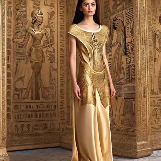 Prompt: Ared pharaonic women's dress with golden pharaonic drawings inspired by modern elegance