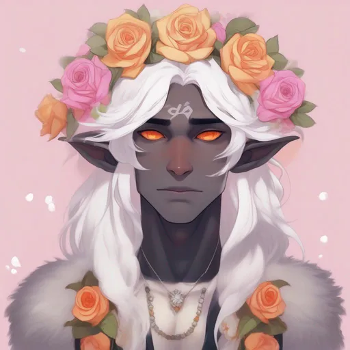 Prompt: Male, Drow, Selkie, wearing a flower headband, pink and orange roses with white daisy's and yellow flowers, best quality, masterpiece, in cartoon style