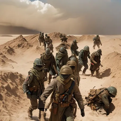 Prompt: trench warfare, recon scouts, scifi, army, rangers, ponchos, masks, sand storm, mountain, desert, lightning, lava