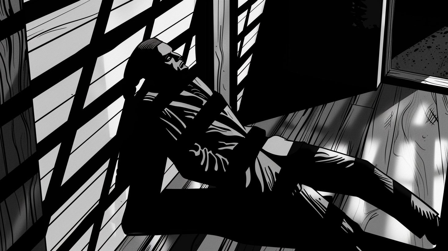 Prompt: Three-dimensional figures emerge in a realistic and moody noir comic style. Dramatic diagonals dominate the composition, with noticeable contemporary Chicano elements. The layout partially follows a grid pattern, and the shading is expertly done to emphasize depth. The entities have a more pronounced twisted and surreal appearance