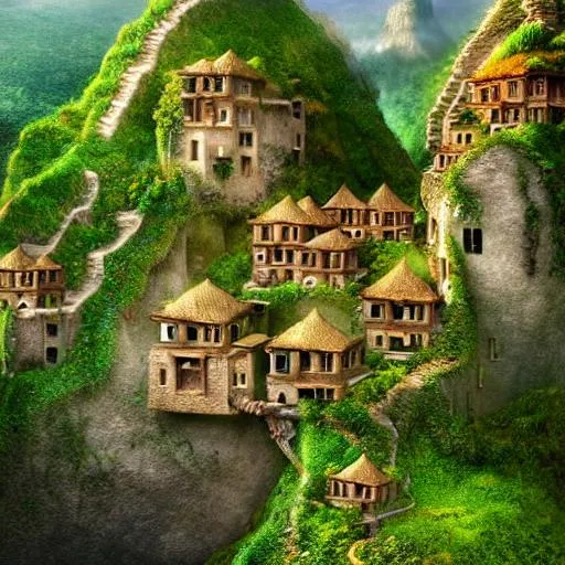 Prompt: Hyper realistic image of a mystical village of dwellings built on a cliff face, in between two mountains with lots of rope bridges and ladders to get between the dwellings. Lots of Green vegetation  surreal Salvador Dali impressionism, intricate, high detail, behance, microworlds smooth, macro sharp focus, centered
