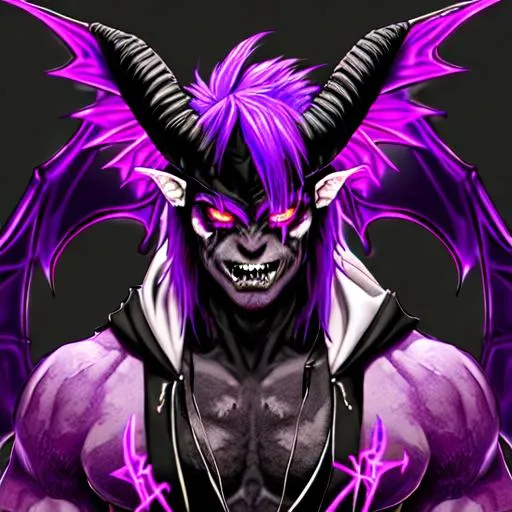 Prompt: handsome man, monster, demon, fire, purple, neon, black, vampire teeth, strong and body, neon green and purple hair, hood, monster wings, king, , goat, vampire teeth, red eyes, mask, horns