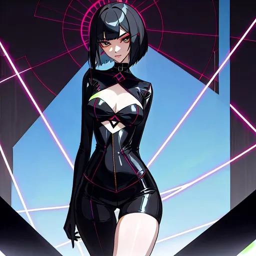 Prompt: a lonely AI girl, very tall, thick thighs, wide hips, long legs, slender arms, slender waist, big beautiful symmetrical eyes, intriguingly beautiful face, aloof expression, bob haircut with bangs, wearing Neo-Satanic Nihilism-Punk fashion clothes, high fashion, 12K resolution, hyper quality, hyper-detailed, hyper-realistic, hyper-professional