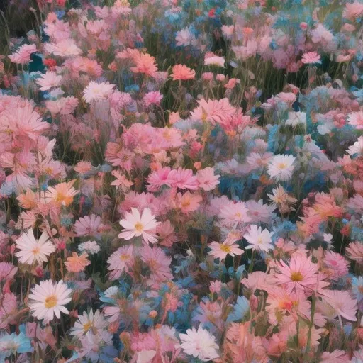 Prompt: In a dreamscape of vibrant hues, a boundless field of wildflowers unfurls like a tapestry of living art. Petals in an array of colors, from the softest pastels to the boldest primaries, mingle in harmonious chaos. Each flower carries its own unique geometry, no two sharing the same form – some spiraling open like intricate origami, others unfolding in fractal patterns that defy conventional symmetry.

As you gaze across this kaleidoscopic canvas, your eyes are inevitably drawn to the distant sentinel of nature's grandeur. A colossal tree, more akin to a verdant titan, dominates the horizon. Its gnarled roots form an intricate labyrinth beneath the soil, a testament to centuries of silent growth and adaptation. The trunk, adorned with intricate carvings etched by time itself, ascends majestically, its bark resembling layers of stories yet to be unveiled.

And then there are the branches – long, sinuous, and reaching skyward with an almost sentient grace. They writhe and curve like tentacles of some mystical entity, painted in verdant hues that defy the limits of earthly pigments. Nestled amidst these boughs, the promise of sanctuaries for mythical creatures and seekers of solitude beckons.