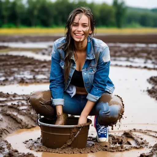 Prompt: photo of young woman, soaking wet clothes, Muddy Red converse sneakers, ripped blue jeans covered in mud, ripped denim jacket covered in mud,  , Standing in mud pouring bucket of mud over herself,   enjoying, water dripping from clothes, clothes stuck to body,  detailed textures of the wet fabric, wet face, wet plastered hair,  wet, drenched, professional, high-quality details, full body view.