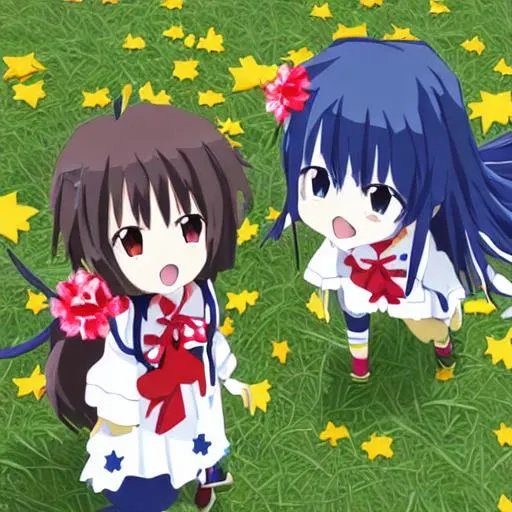 Prompt: two anime girls, exploring, japan night, blue eyes long brown hair 4k
