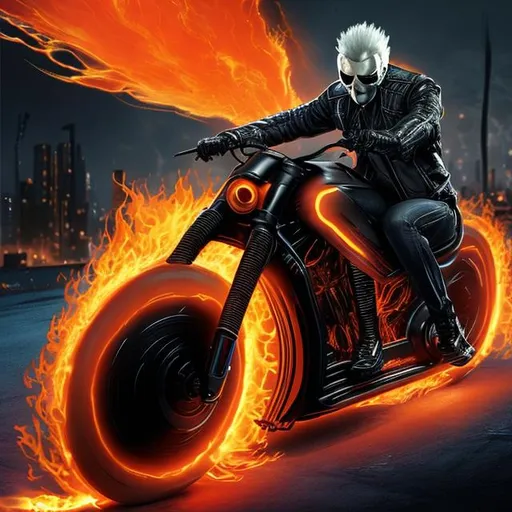 Prompt: GhostRider ultimate from marvel on a flaming futuristic tron motorcycle with flaming chains 
