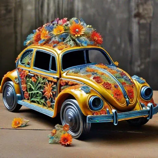 Prompt: A VW beetle made out of glass and cast iron floral ornaments