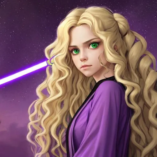 Prompt:  jedi girl with long, blonde, curly hair, purple clothes and green eyes  from star wars is listening to her master