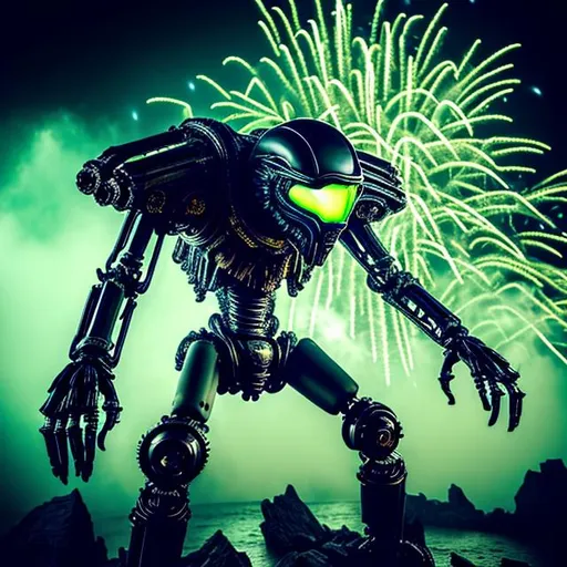 Prompt: Mechanical android robotic wolf, Predator, Toxic parasitic germs, hydras]::8, Apocalypse, total destruction, catastrophic explosion, life annihilated, earth eliminated, crystal cave, gray fog, darkness, gemstones and crystals, black stones, running water, floating at the edge of the universe, in alien observatory, arboreal, arboreal fireworks display (color particle explosion plasma light [gold:red:silver])