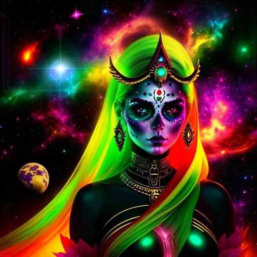 Prompt: Cosmic cinematic, Nebula, 3D, HD, {Beautiful Sugarskull}female as Goddess, plasma gold green silver red black, expansive Cosmic background, interstellar, freeform dark chaos, hyper realistic, 8K --s98500