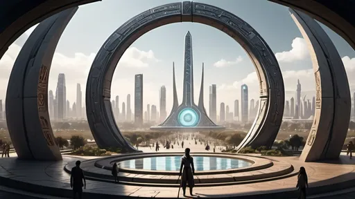 Prompt: human-scale circular portal, portal between different cities realms worlds kingdoms, ring standing on edge, freestanding ring, hieroglyphs on ring, complete ring, obelisks, futuristic towers, garden plaza, large wide-open city plaza, wide vista view, futuristic cyberpunk dystopian setting