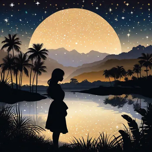 Prompt: silhouette, light particles, pretty young Indonesian girl (25 year old, round face, high cheekbones, small delicate nose, long black hair), wearing long blouse, in shadow, background night sky with stars, rural tropical scene, mountains, masterpiece, intricate details