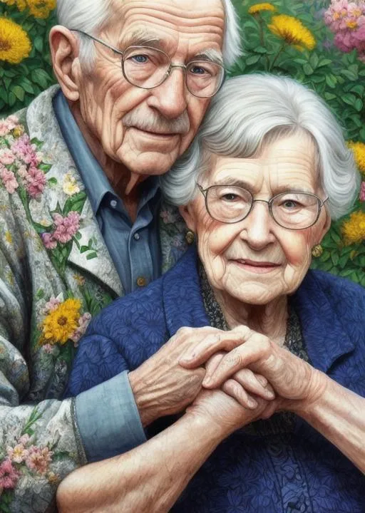 Prompt: Zoomed out hyper realistic very detailed oil portrait of an elderly couple holding hands and flowers in one of the man's hands, with highly detailed intricate clothing, garden background, 1980, trending art, masterpiece, trending on artstation