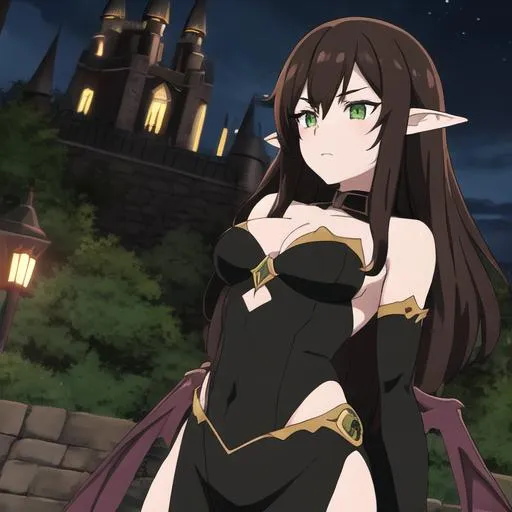 Prompt: succubus Anime woman, dark brown hair, dark green hazel eyes, elf ears, near a castle at night, necromancer