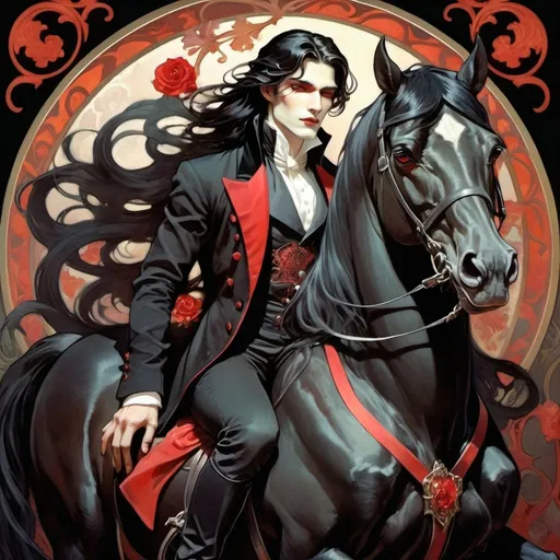 Prompt: a [handsome male vampire with long, black hair, pale skin, dark lips and red eyes, wearing a tailcoat], riding a completely black horse