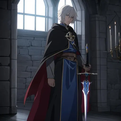 Prompt: Human male staring at us with a cloak on in a castle with a window behind him and while holding a sword. he is the legendary hero and will save the world
