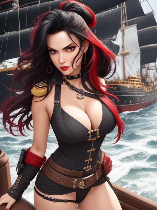 Prompt: ombre red-black hair, pirate captain, girl, solo, daunting, intimidating, serious, cruel, mole under eye, docked galleon ship in background, bodacious, mole on body, fullbody, ((full body)) {{good looking}} {{cute}} {{good body}} {{tight}}, symmetrically colored hair, {{shadows}},
