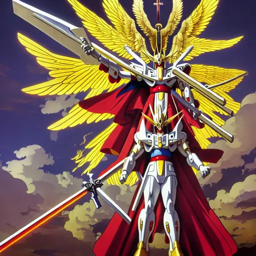 Prompt: 
8k, hdr, highly detailed god ultimate winged gundam holding  big cross in his right hand and a glowing scythe in his left hand, rhads, alucard, alphonse mucha, global illumination, detailed surrounding forest, akira toriyama