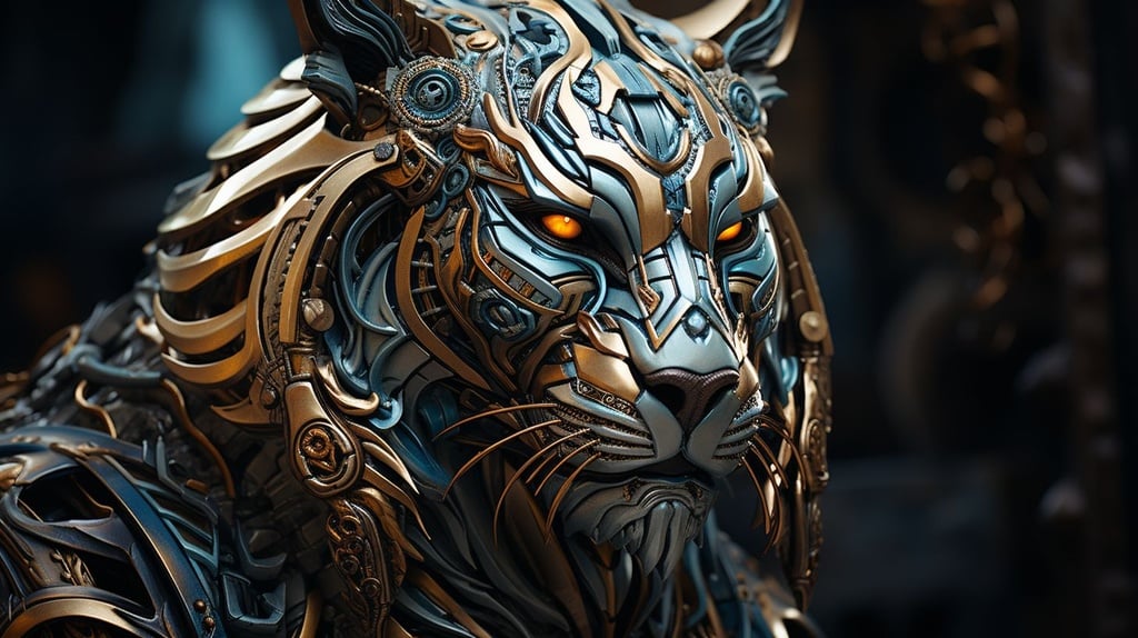 Prompt: golden tiger, in the style of mechanized abstraction, photorealistic portraiture, 8k resolution, hans zatzka, body extensions, matte photo, close-up