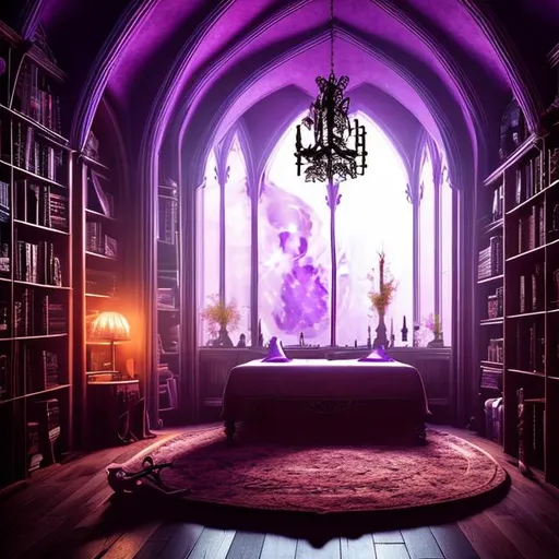 Prompt: HD, 4K, 3D, Stunning, magic, cinematic camera, two-point perspective, interior design,witch bedroom, ethereal, full moon outside, gorgeous gothic windows,bookshelf, cauldron, magic mirrors, light contrast, witchy ambient, purple sunstrails, moon glow, magic books 