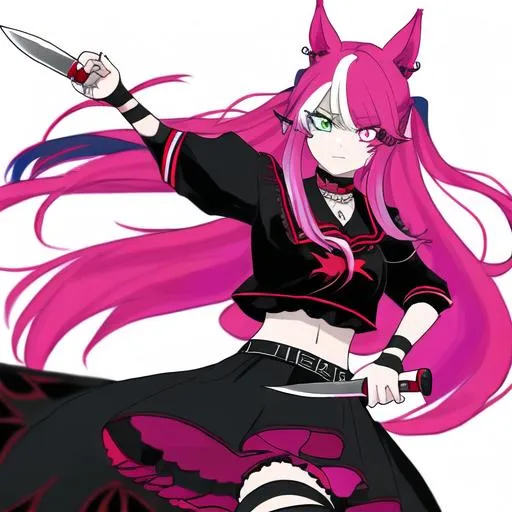 Prompt: Haley  as a demon (multi-color hair) (multi-color eyes)(she has horse ears)  holding a knife, fighting, in a knife fight