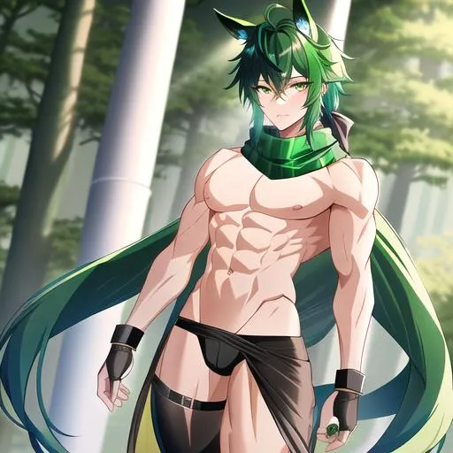 Prompt: Male. masculine build. human animatronic hybrid, with focused emerald eyes. Emerald colored feathery PEGASUS tail. Short dark Green ombre hair. horse ears. adult He wears grey comfy leggings, a white oversized sweater, brown boots. And a green scarf. Anime style. UHD, HD, 4K. In the forest.