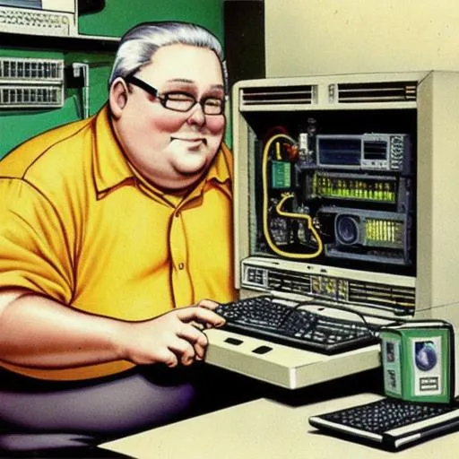 Prompt: old fat computer technician with beer