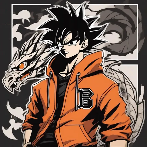 Prompt: anime style, Goku, wearing an orange and black hoodie, with black jeans, and an Orange and Black Dragon logo.