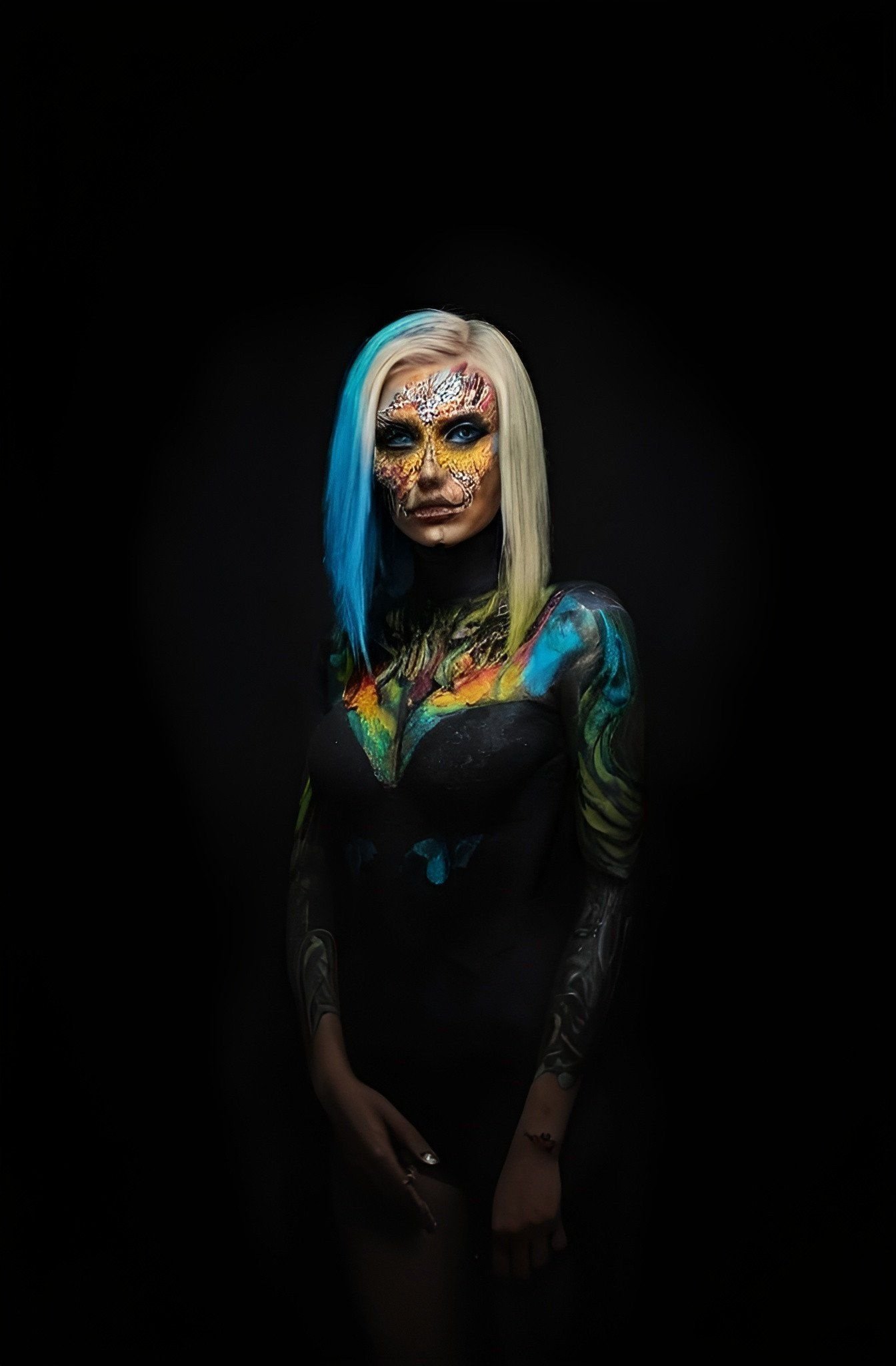 Prompt:  a black background with a woman with blue hair and makeup,  behance hd
