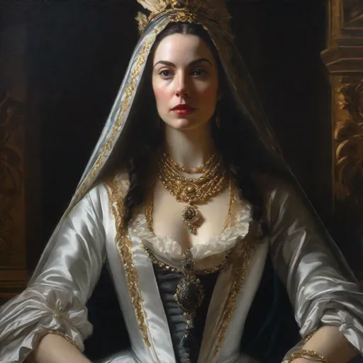 Prompt: Allan Ramsay-style portrait of a dark priestess, oil painting, intricate facial features, haunting expression, rich shadows and highlights, Baroque art, historical, mysterious aura, detailed robes, atmospheric lighting, 4k, ultra-detailed, Baroque, haunting, detailed facial features, dark priestess, intense shadows, professional, moody lighting