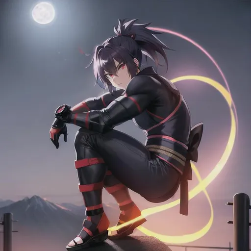 Prompt: A male ninja crouching on electric post at night, a full moon behind the ninja, red bloomy eyes, full dark, scenic view, looking at viewer,