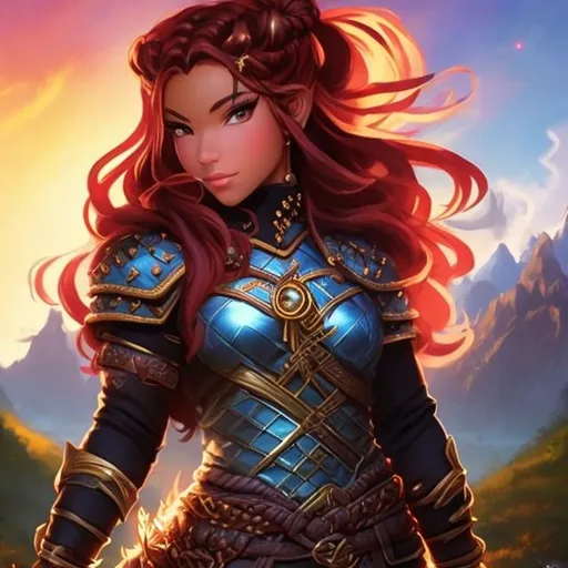 Prompt: D&D fantasy, dwarf girl {{dark skinned woman}}, {{braided Wine red hair}}, {{dark blue eyes}}. Studded leather armor. hip hop, street fighter, muscular women. Planets in sky, grassy plains. Full body, full body picture, perfect eyes, symmetrical face, Perfect feet if present, perfect hands if present, perfect 5 fingers is visible. The entire image should be very intricate and extremely detailed with excellent lighting, ray tracing, high contrast, vivid detail, and perfect composition. Full body image. Octane, 4k, trending, highest quality, soft, art, RPG, highres, illustration,