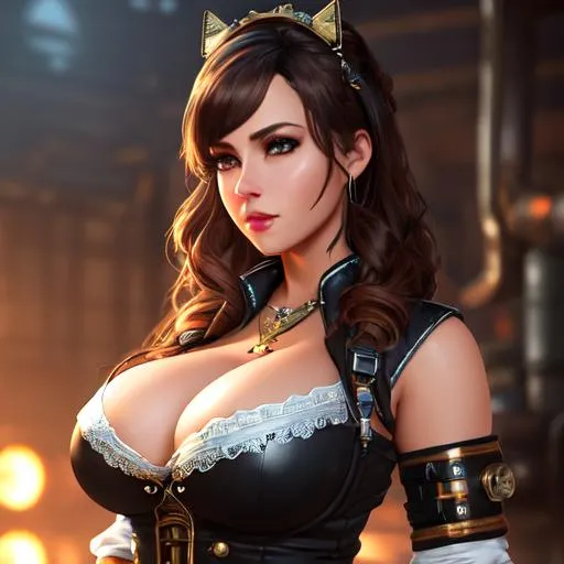 Prompt: extremely realistic, hyperdetailed, extremely busty mechanic, steampunk, highly detailed face, highly detailed eyes, highly detailed body, full body, whole body visible, full character visible, soft lighting, high definition, ultra realistic, unreal engine 5, 8K, digital art