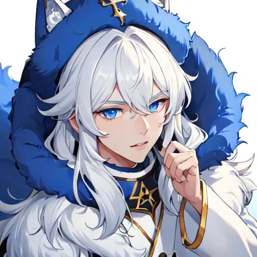 Prompt: Male, 8k, UHD,  highly detailed, white hair, blue eyes, wearing a fluffy giant jacket and a ushanka