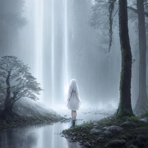 Prompt: long shot vast scenic from below beautiful sorrow detailed silver hair girl keeling in the raining fairy forest look at the sky, bangs, sorrow black eyes with tears, tears, detailed silver white off the shoulder dress, rain pour all over, wet body, wet face, leg visible, dark, watery, hyper detailed, hyper realistic, cinematic light, realistic art, digital painting