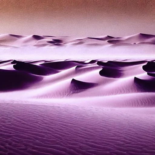 Prompt: concept art, realistic, thick sandstorm grain filter, "Warlocks and Warriors" Sprague de Camp style, purple sand dunes, purple rock crags