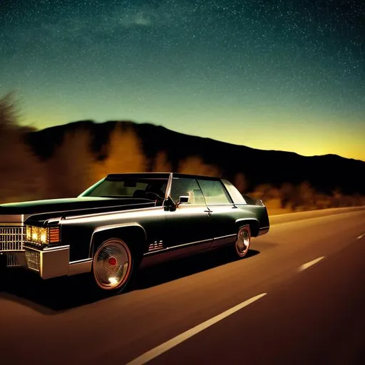 Prompt: cadillac driving down empty road at night

