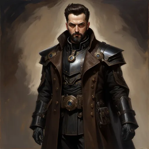 Prompt: full-body oil painting of male warhammer 40k sanctioned psyker, brown eyes, short dark brown crew cut, dark brown styled full beard, forehead worry lines, dark tones, (wh40k), dark black gunmetal technical augmented armor gear color, fierce dour expression, confident epic standing pose, highly detailed facial features, highly detailed eyes, painted, painting, illustration, art, drawing, sketch, (sanctioned psyker), utility pouches attached to belt, (black) overcoat trench coat with technical gauntlets and epaulets, technical psyker breastplate, high gothic fantasy, imperium of man, 19th century impressionism brushwork, under-lit up-lit face, ((visible piercing eyes)), black gloves, 19th century impressionist brushwork, painterly, 