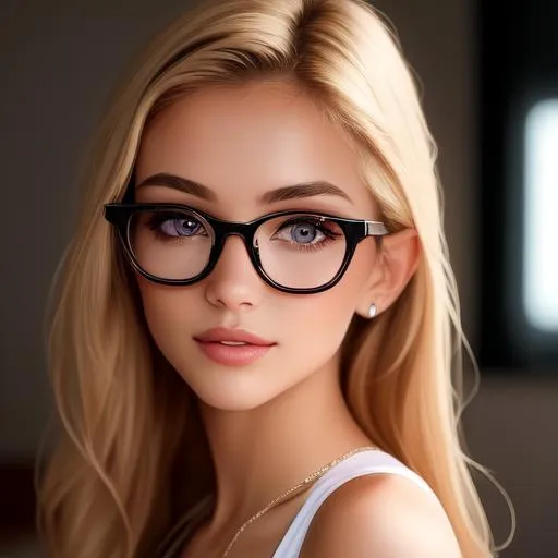 Prompt: A pretty cute model girl, wearing  glasses, beautiful  adorable face, blushed cheeks,    Transparent   undersized bikini, head and shoulder and chest and skin and bust and armpit and navel and hip and legs visible, , blonde stray hair, large eyes, slim body, smooth soft pale white skin, highly detailed, photo taken by iphone, studio photoshooting, interior studio background,  realistic photo, hires, 4k, unreal engine, backlit, studio lighting, masterpiece