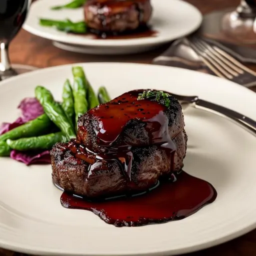 Prompt: A set table with wine glasses and plates and on the plates a meal with a luscious demi-glaze sauce over the filet mignon on the plate 