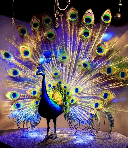 Prompt: An electric glowing steampunk peacock. By Olafur Eliasson, gediminas pranckevicius, catrin welz-stein, aymeric Kevin, maxfield parrish, Felipe Massafera. Highly detailed. Intricate details. Best quality. 3d.